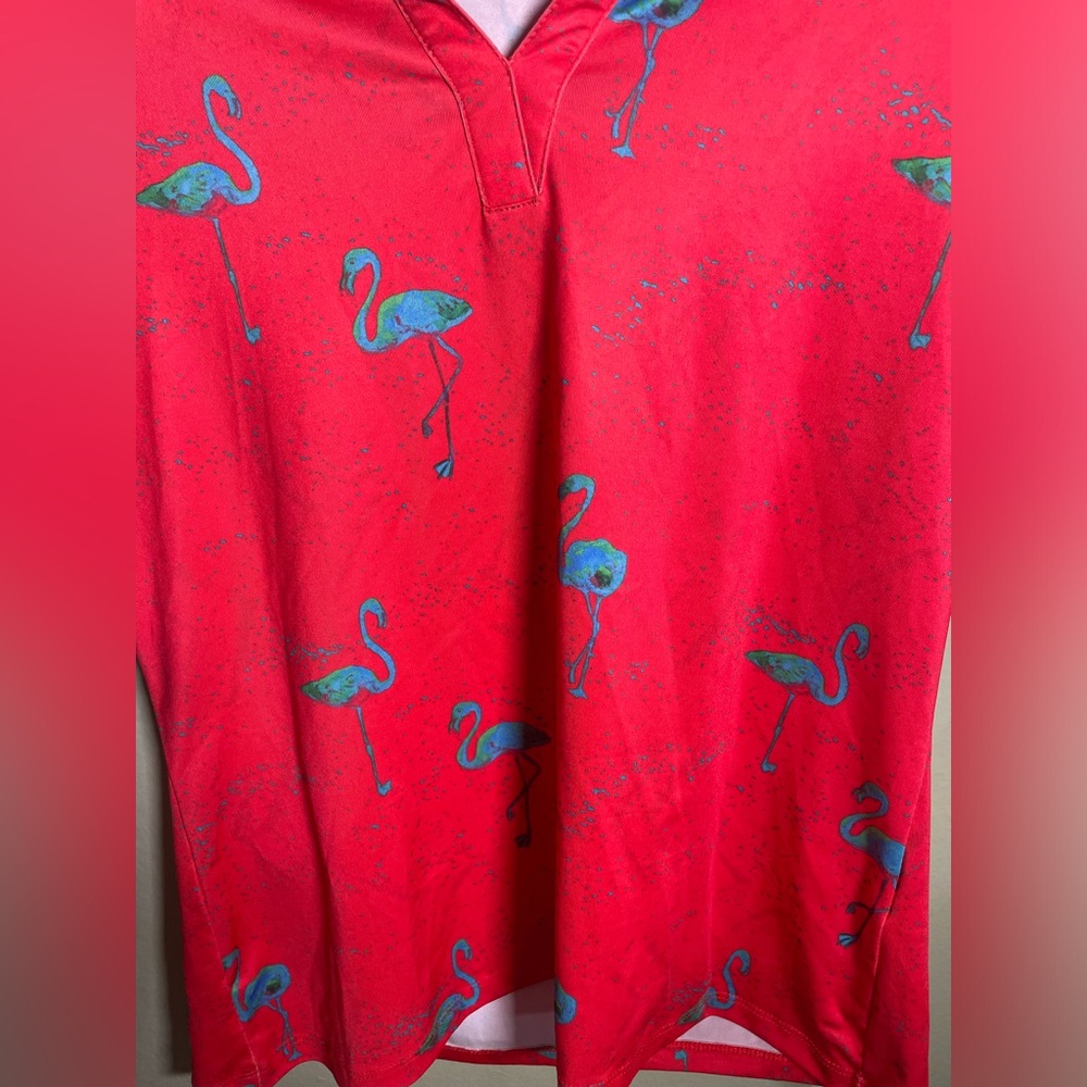 Yatta Red All Over Print Flamingo Golf Polo Shirt Mens Small Stretch - Picture 3 of 4